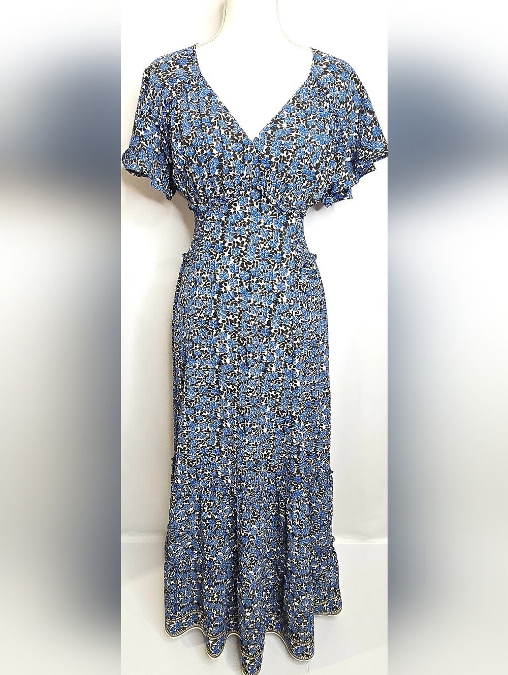 Max Studio Blue Botanical Floral Flutter Sleeve Smocked Maxi Dress  NWOT L